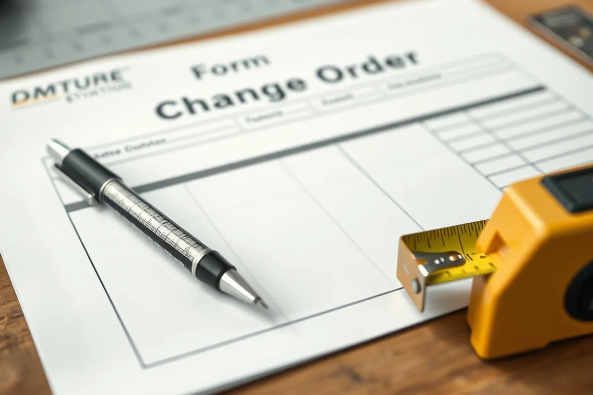 Homeowner and contractor reviewing a change order form on a construction site