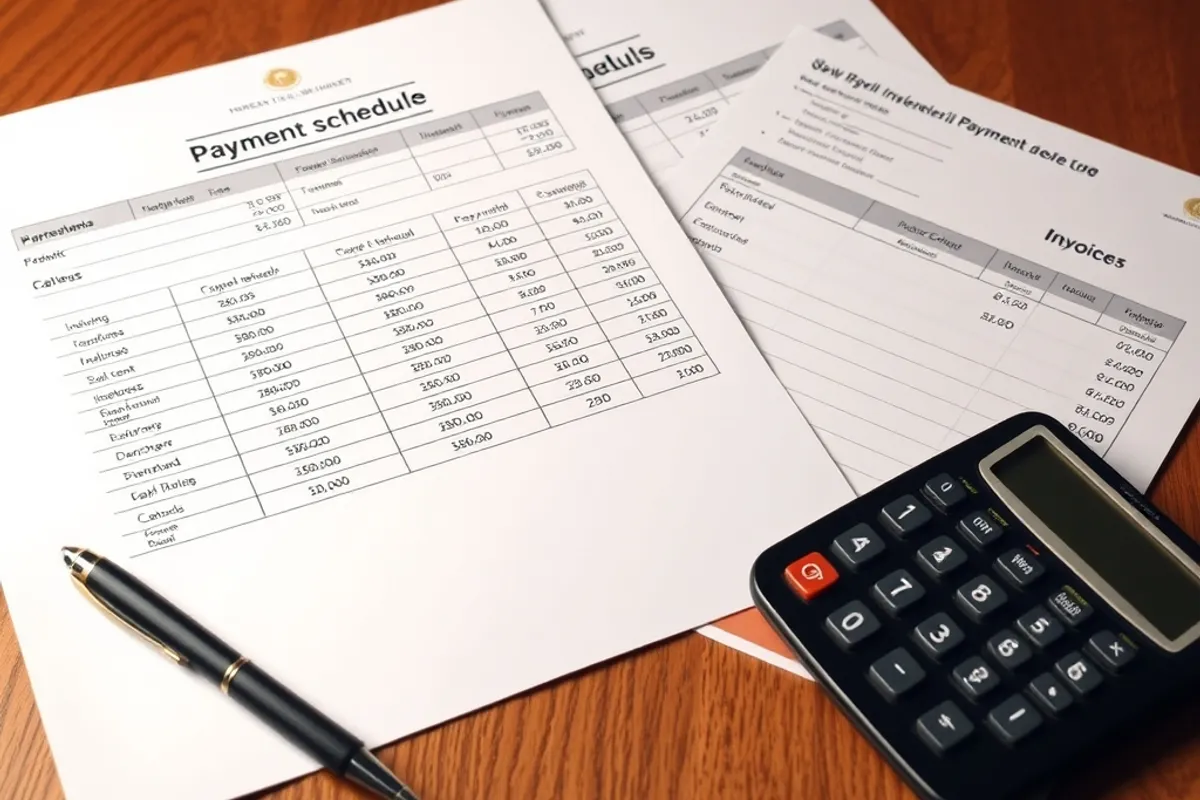 Contractor and homeowner reviewing a payment schedule and invoices at a work table