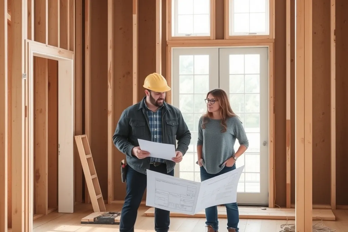 Contractor and buyer reviewing renovation plans inside a stripped house