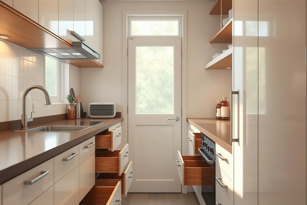 Narrow galley kitchen with parallel counters and a window above the sink