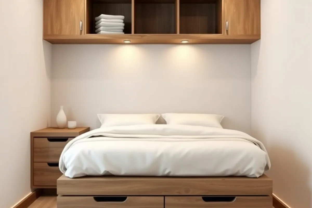 Small bedroom with a tall white wardrobe and shelves above a bed