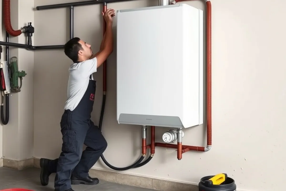 Wall-mounted tankless water heater with copper pipes in a utility room