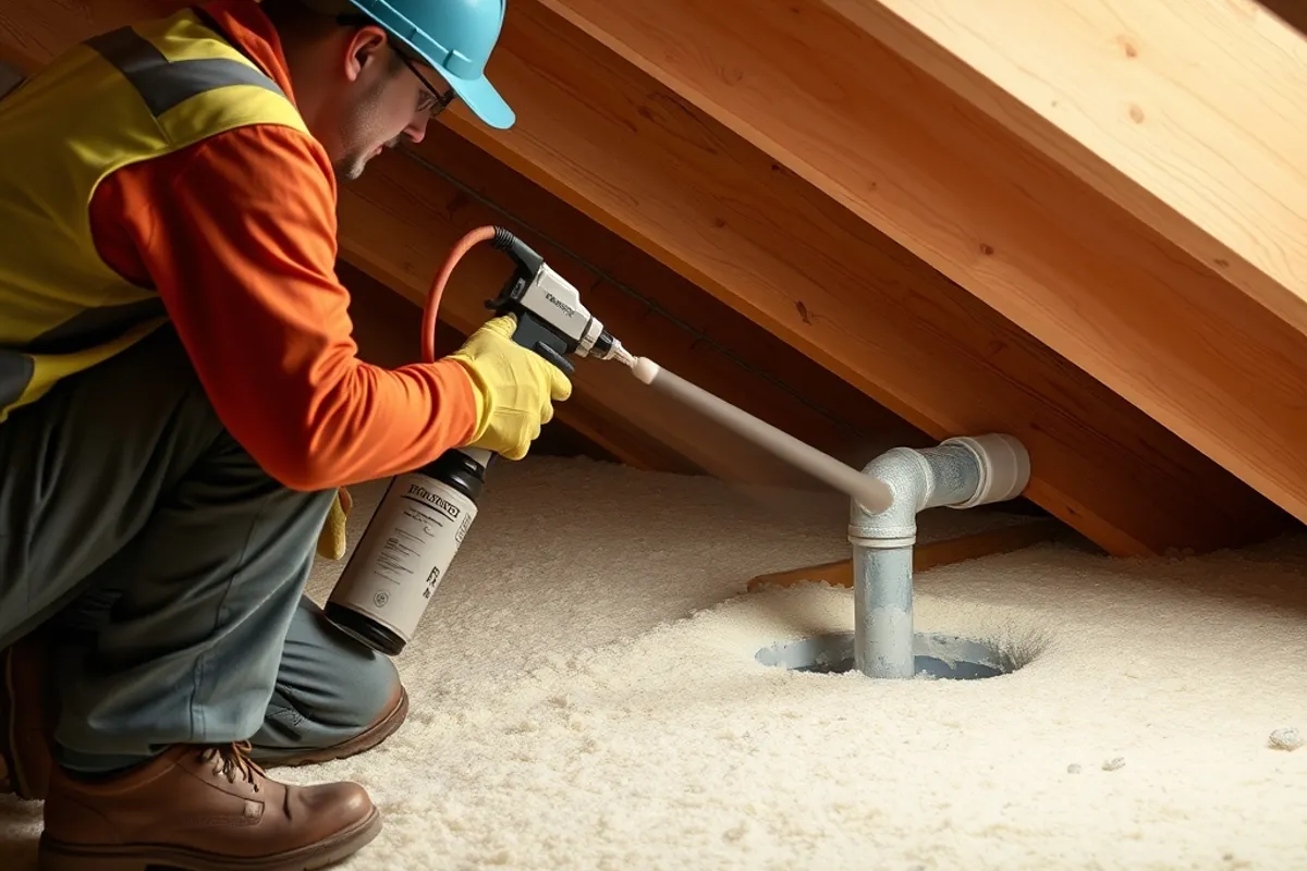 Technician spraying foam sealant around a pipe penetration in an attic floor